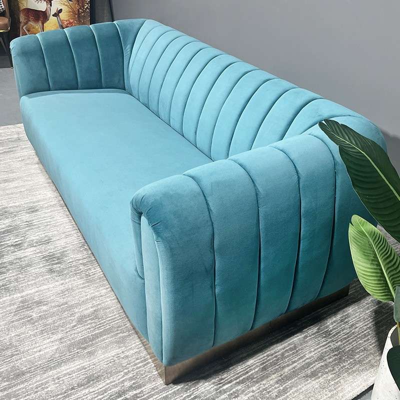 简约现代蓝色绒布双三人沙发美式小户型客厅休闲沙发时尚摄影沙发