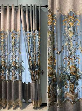 新款欧式雪尼尔别墅落地窗镂空绣花窗帘蓝色灰色客厅阳台餐厅