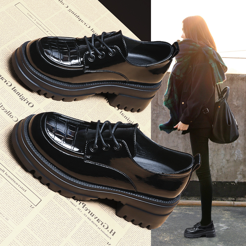 黑色真皮乐福鞋女鞋春秋加绒2024年新款松糕厚底单鞋英伦风小皮鞋