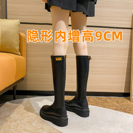 真皮长筒靴女内增高9CM秋冬加绒2025小个子不过膝长靴高筒骑士靴