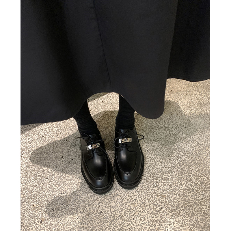 真皮乐福鞋女粗跟春秋加绒2024新款锁扣厚底英伦风系带小皮鞋单鞋
