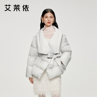 艾莱依羽绒服女士冬季新品晶钻束腰翻领短装商场同款时尚保暖外套