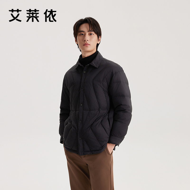 艾莱依男士羽绒服冬季新品艺尚衬衫黑色无帽短装保暖外套商场同款