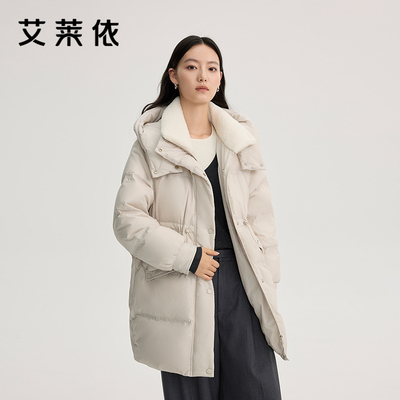 艾莱依奥莱拼接羽绒服仿羊羔毛领收腰中长款大衣风衣外套冬季清仓