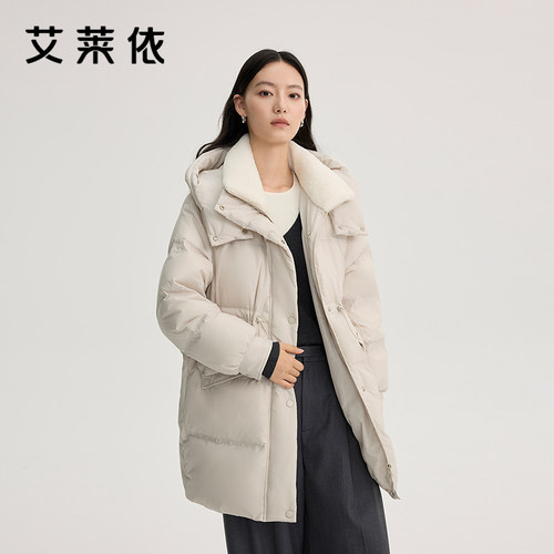 艾莱依奥莱拼接羽绒服仿羊羔毛领收腰中长款大衣风衣外套冬季清仓
