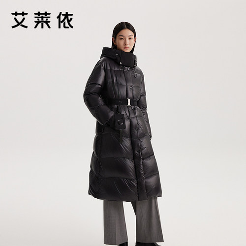 艾莱依质感羽绒服女时尚连帽户外运动风加厚保暖长款外套商场同款