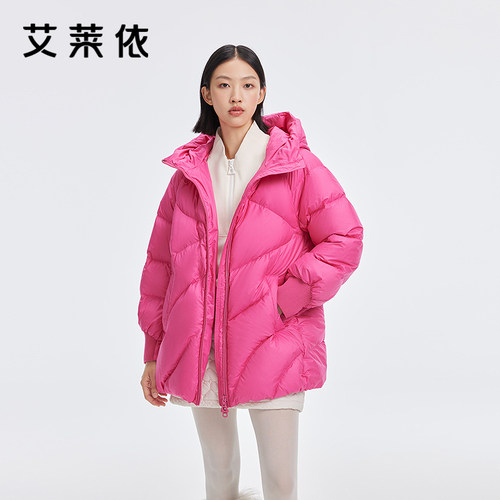 艾莱依商场同款连帽羽绒服星星角绒格时尚显瘦罗纹袖口防风短外套