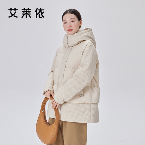 艾莱依简约风短款连帽绗缝羽绒服