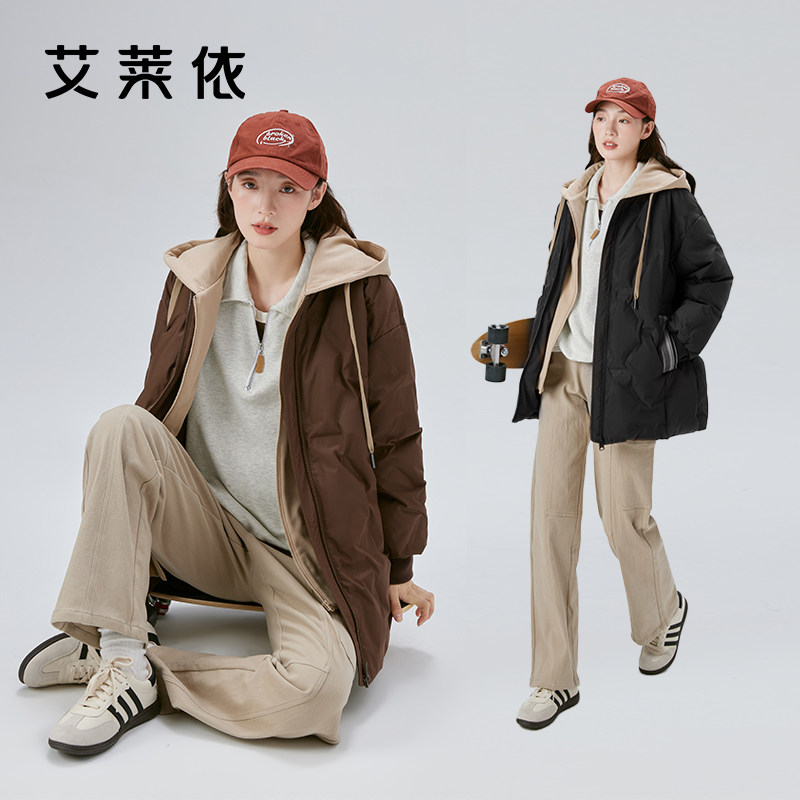艾莱依奥莱冬季假两件时尚羽绒服连帽保暖宽松连帽棒球服鸭绒外套
