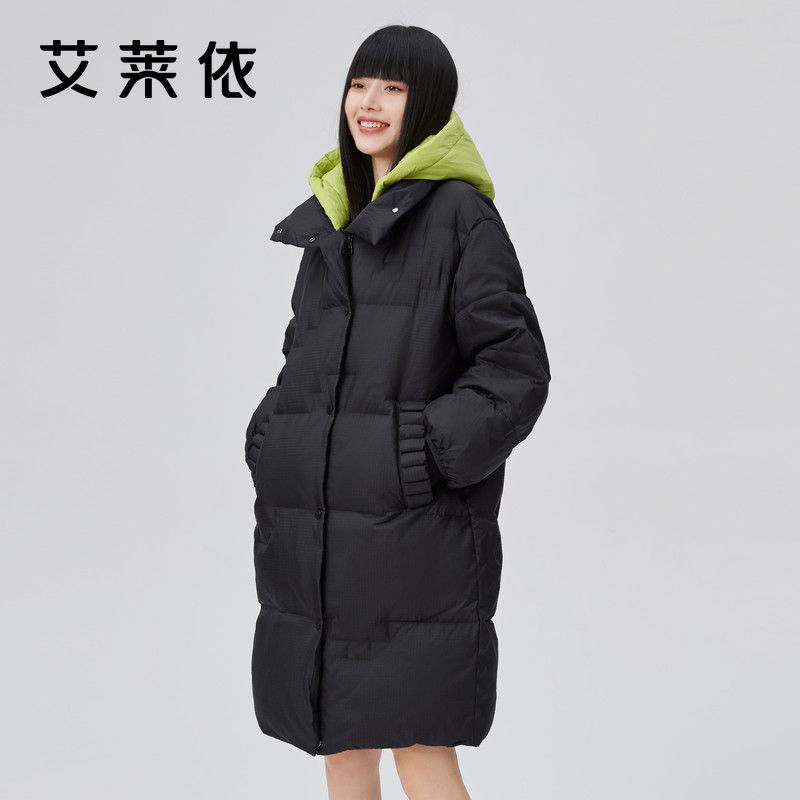 艾莱依白色羽绒服女装新款潮流长款时尚休闲宽松设计秋冬连帽外套
