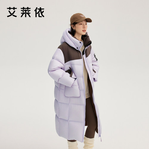 艾莱依奥莱羽绒服休闲运动泡芙时尚撞色拼接长款大衣加厚保暖外套