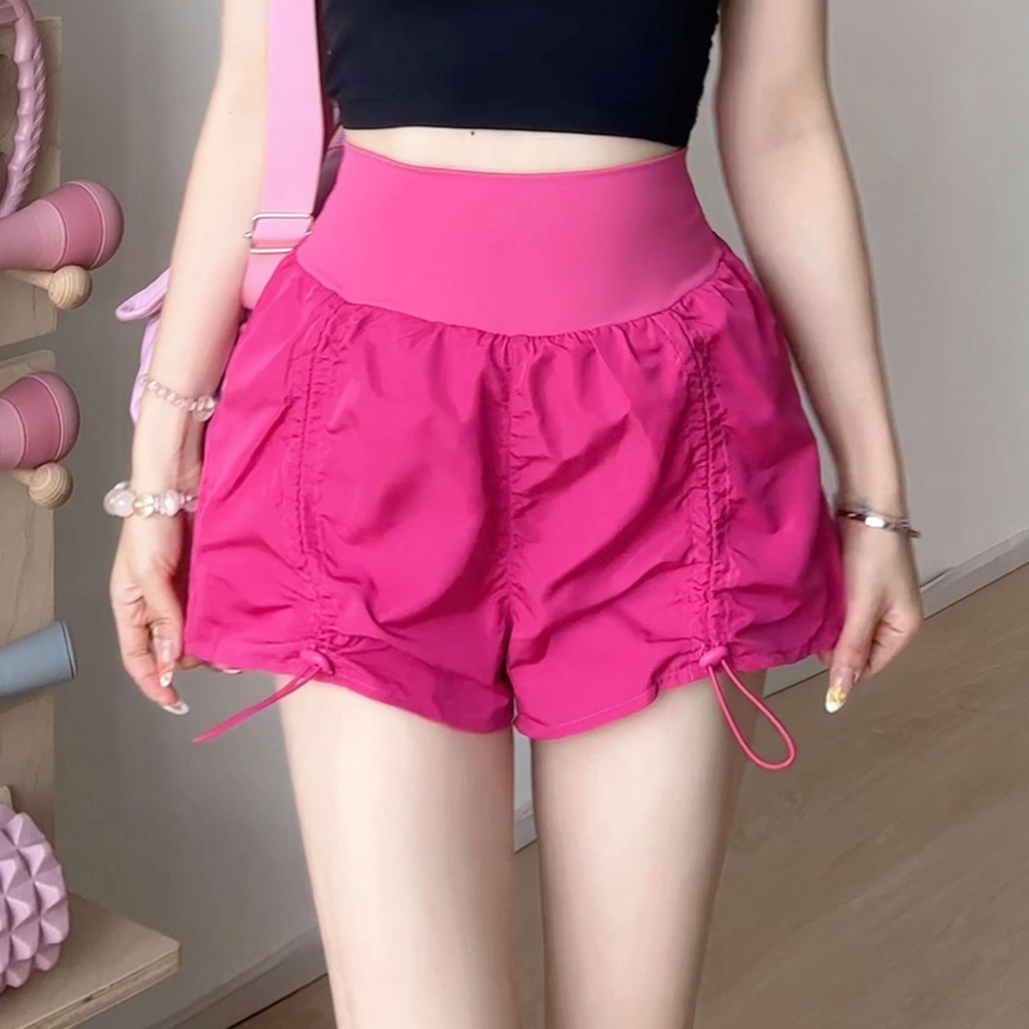 新款抽绳假两件运动短裤