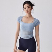 夏季 网纱外穿跑步训练T恤健身上衣 假两件瑜伽服固定胸垫运动短裤