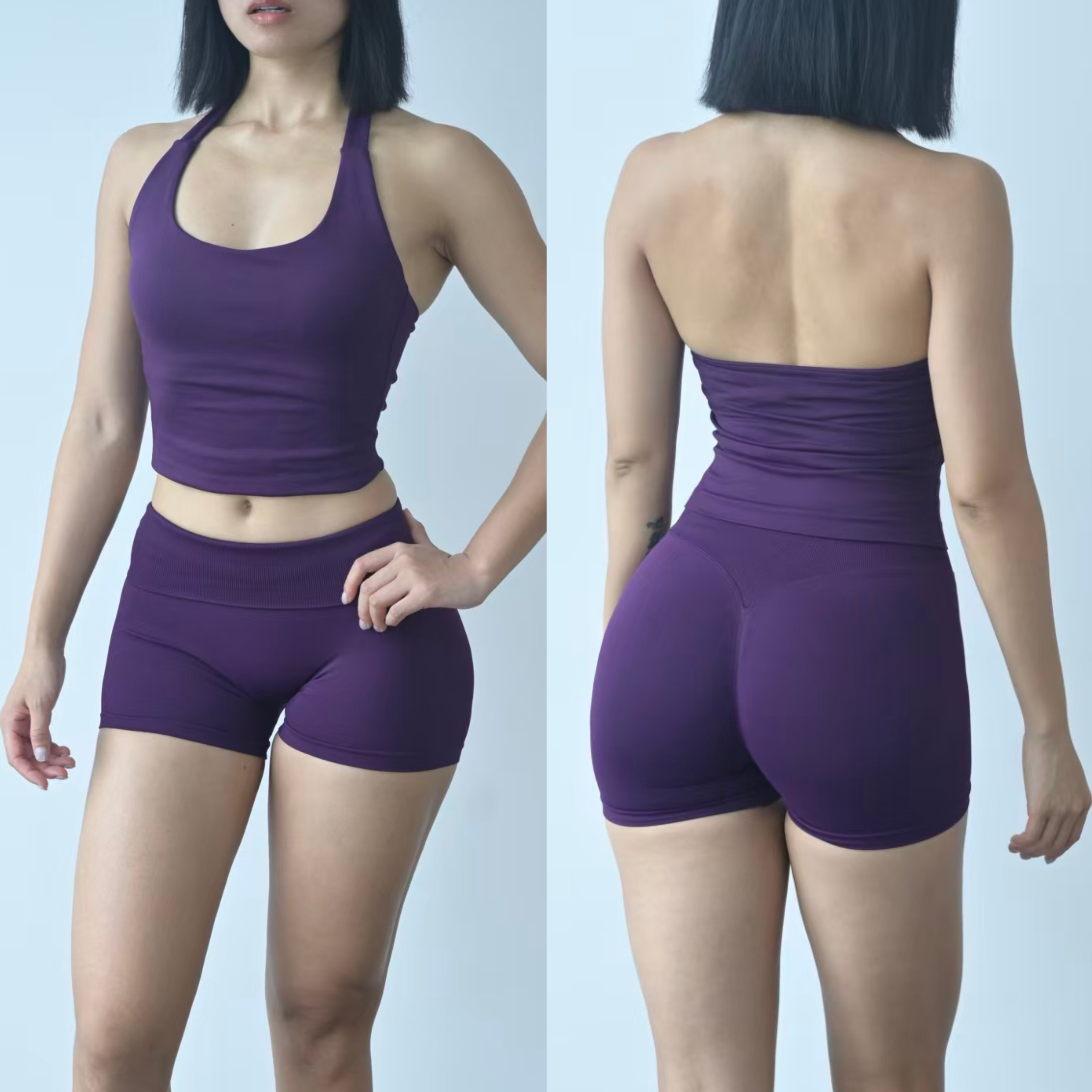 DF长款挂脖带胸垫运动背心搭配速干健身蜜桃提臀短裤女瑜伽套装