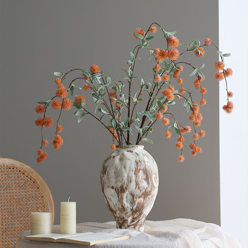高级感艺术长枝毛球果仿真花假花摆设客厅电视柜侘寂风落地装饰品