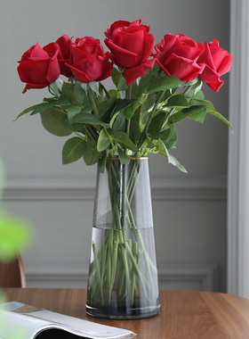 高档手感保湿玫瑰花仿真花束假花客厅室内餐桌花插花摆设装饰红色