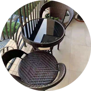 简易阳台小茶桌家用小户型喝茶桌客厅藤编小茶几桌椅组合玻璃圆形