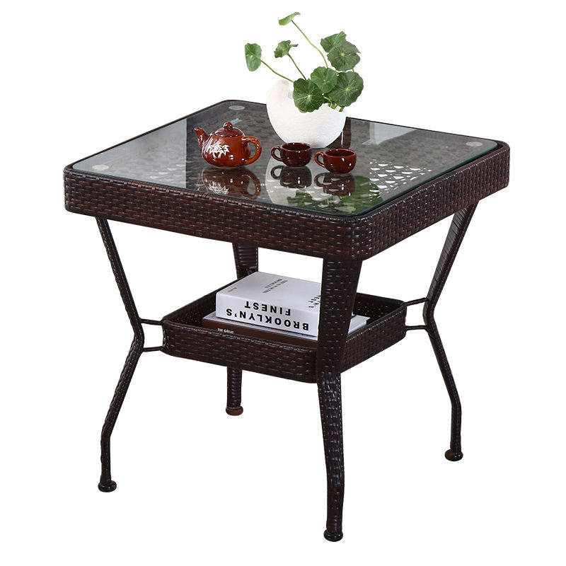 藤大方桌阳台小咖啡桌钢化玻璃咖啡桌迷你茶几卧室床边储物柜小桌
