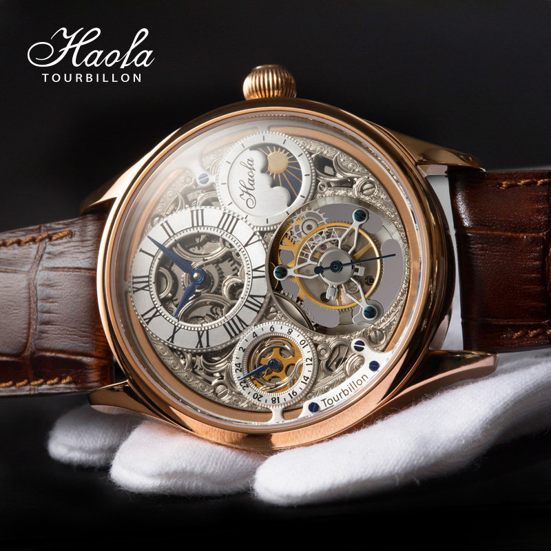 豪法真陀飞轮手表男全镂空机械表 十大品牌正品男士GMT腕表真皮带