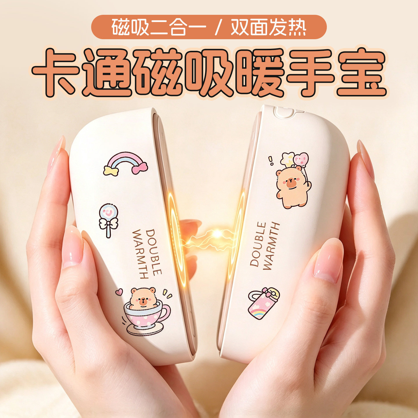 卡皮巴拉磁吸暖手宝卡通USB充电式双面发热便携轻便电热暖水袋分享二合一送女朋友闺蜜生日礼物冬天保暖神器