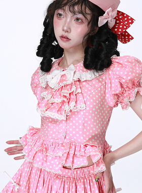 MEME原创 日系昭和复古粉色小众衬衫 Lolita古早波点短袖上衣女装