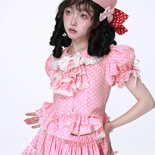 原创设计日系少女粉色波点衬衫