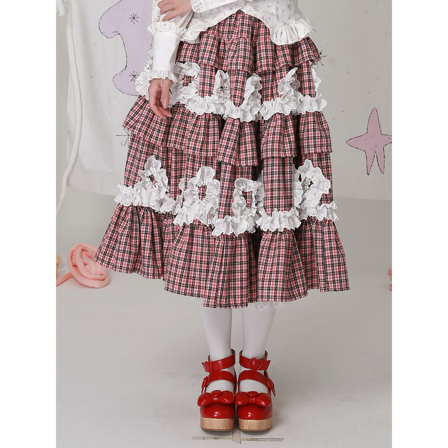 日系少女粉色格纹毛呢半身裙秋冬