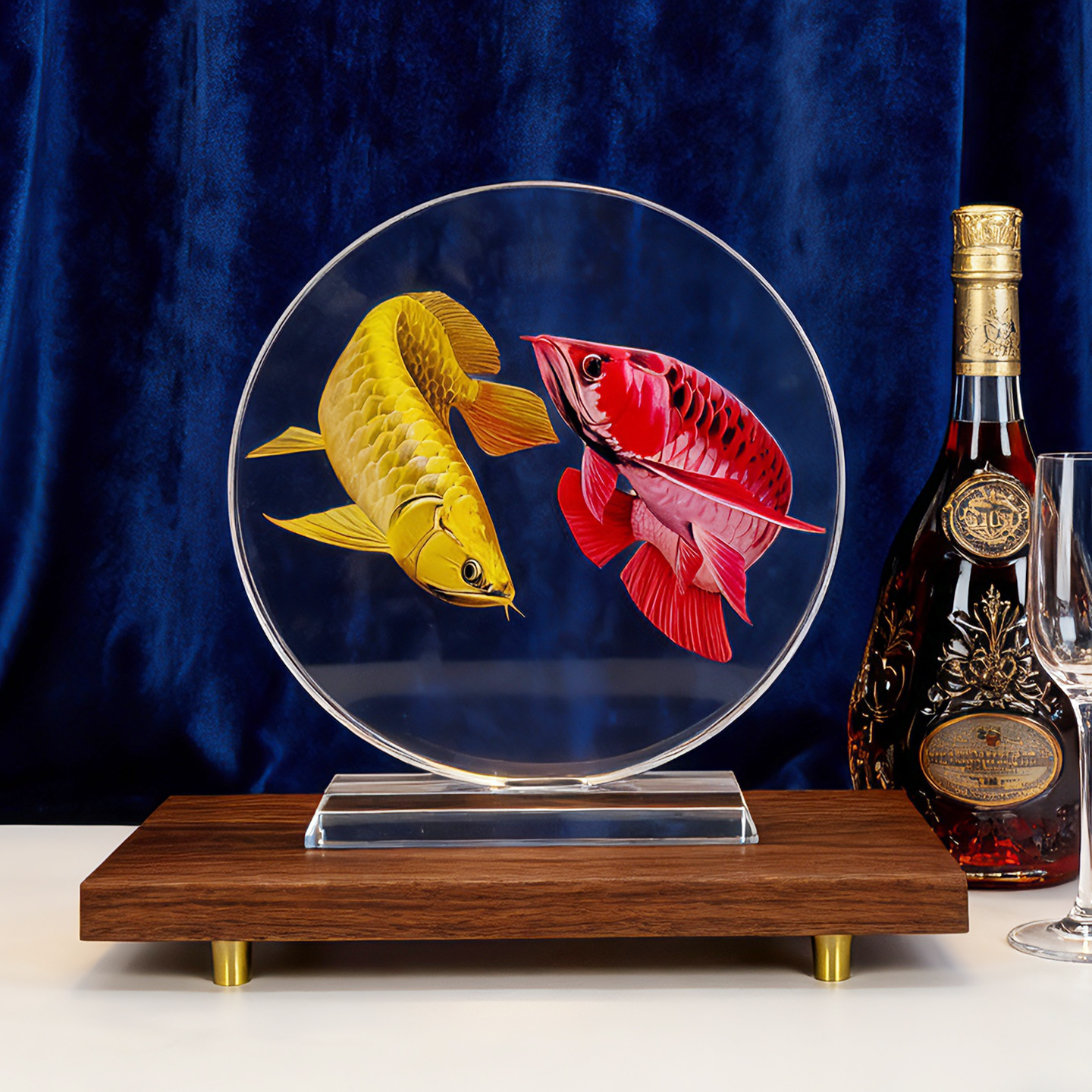 内雕双龙鱼水晶摆件高档家居创意桌面装饰客厅乔迁礼工艺品