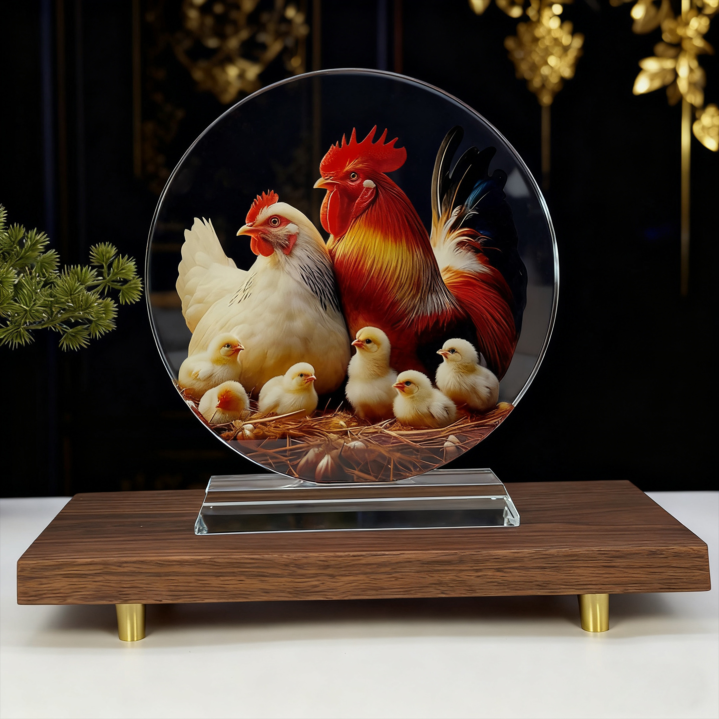 公鸡吉祥一家内雕水晶摆件招财镇宅家居客厅装饰乔迁新居送礼摆台
