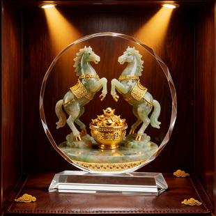 双马聚宝盆水晶摆件高档创意桌面装饰客厅乔迁礼工艺品