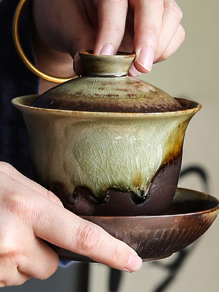 烧柴窑转有盖碗家用三彩有盖碗茶杯覆古陶瓷茶碗功夫茶具单茶碗