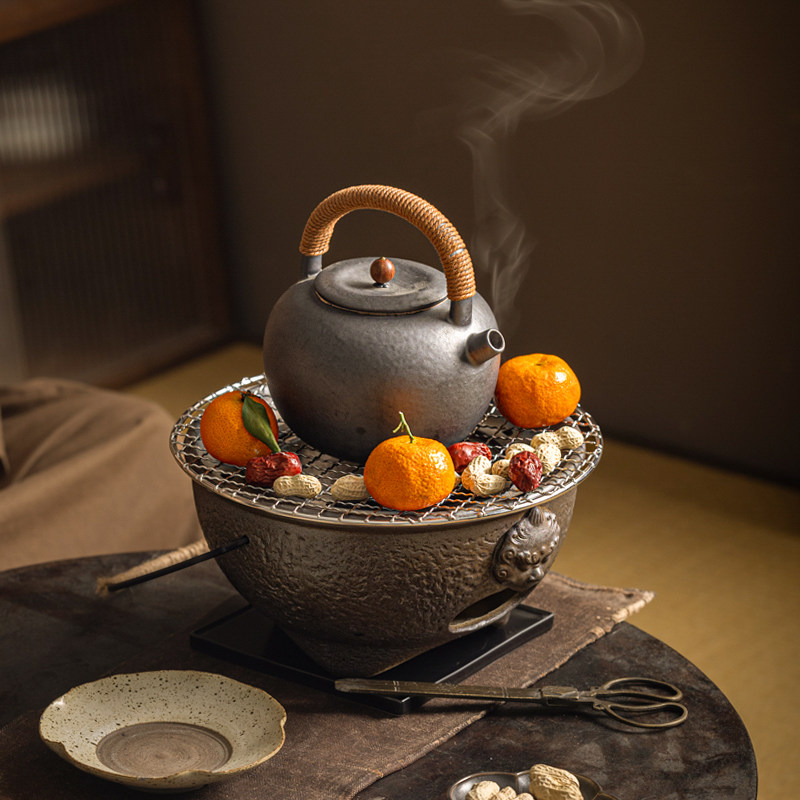 围炉煮茶炉多功能炭烤粗陶覆古烧烤盘取暖炉家用炭火盆户外野营