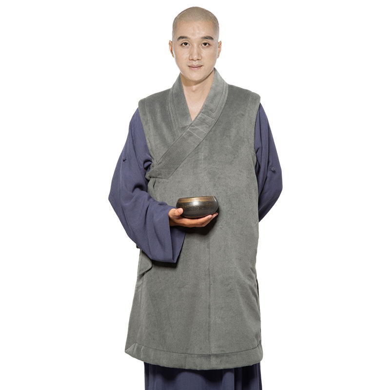 新款梵林冬季僧服斜襟马甲加绒保暖毛呢伽兰褂加厚男女坎肩斜襟伽