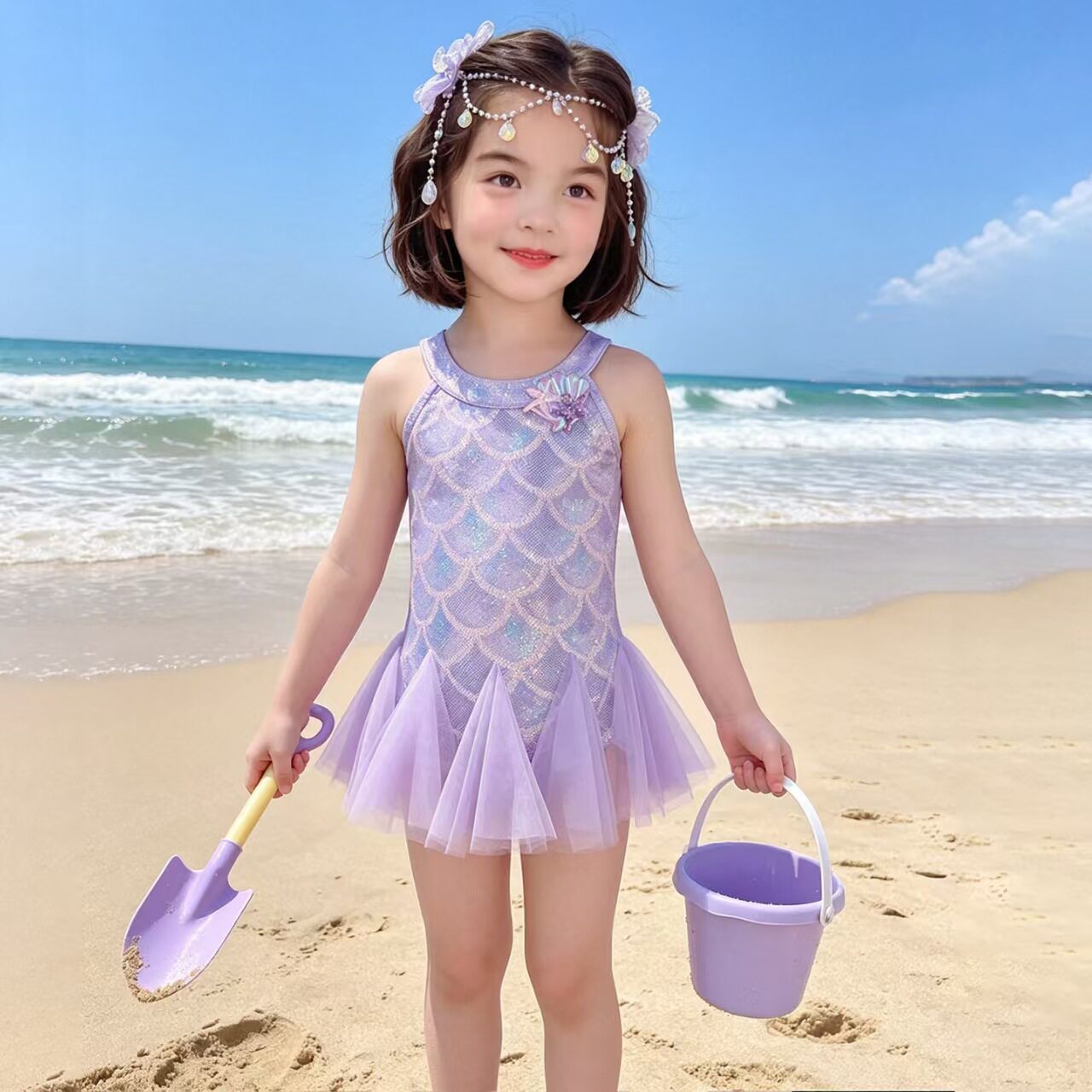 女童美人鱼泳衣夏装2026新款儿童超洋气网纱公主游泳衣女宝宝泳装
