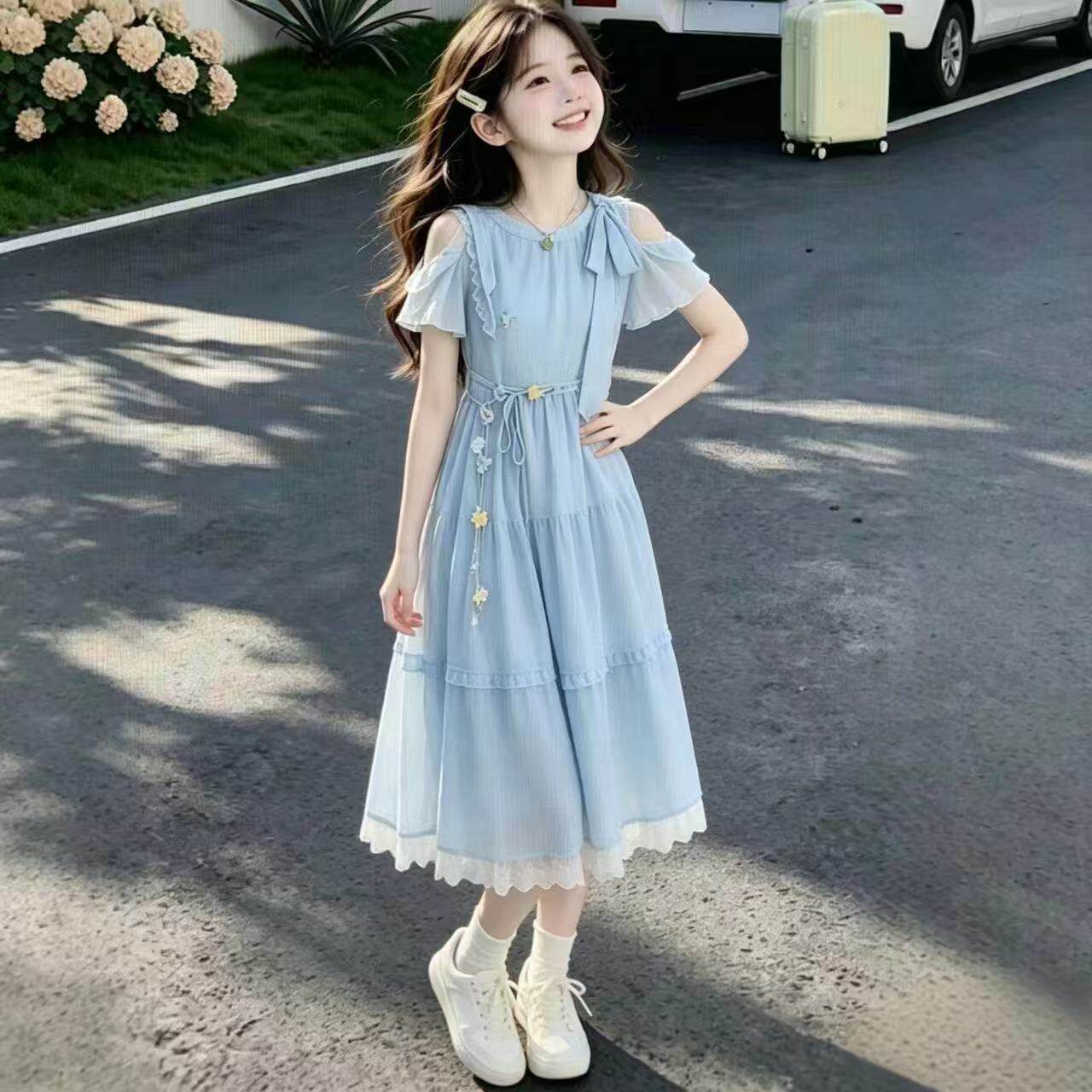 女童连衣裙夏装2026新款儿童甜美可爱雪纺蝴蝶结初中生露肩袖长裙