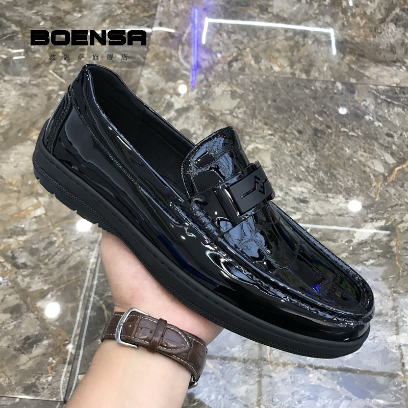 波恩萨漆皮亮面豆豆鞋男鞋一脚蹬软底真皮百搭镂空透气休闲皮鞋