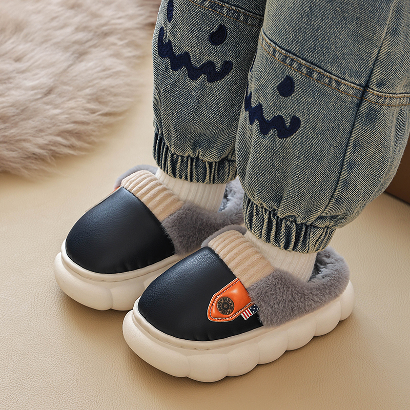 儿童棉拖鞋秋冬季男童女童室内防滑小孩宝宝PU皮拖鞋防水外穿男孩