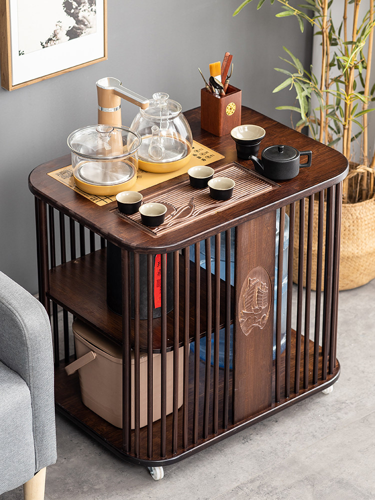 移动茶台茶桌边柜侧柜沙发边几圆小茶几实木客厅烧水壶一体茶水柜