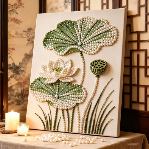 荷花莲花珍珠钻石DIY手工制作送材料包中式淡雅立体艺术装饰挂画