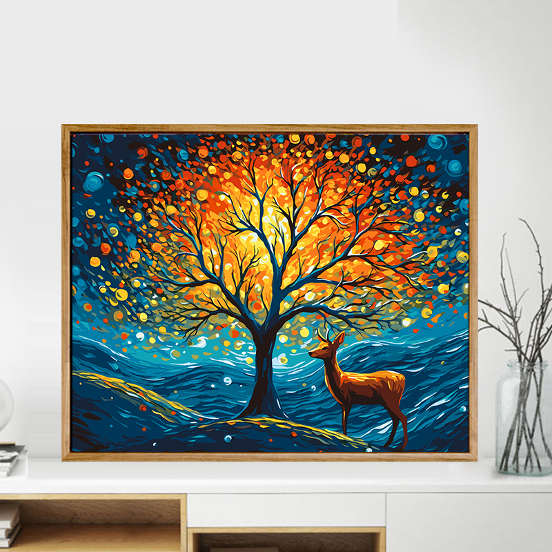 星空麋鹿数字油画diy手绘填色动物减压画油彩画画抽象丙烯装饰画图片