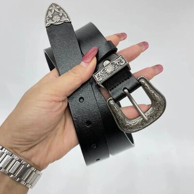 PU Leather Belt Vintage Carved Metal Buckle Design Belt for