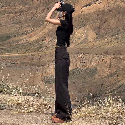 黑色美式辣妹直筒工装裤女夏薄款2025新款高腰窄版休闲阔腿西装裤