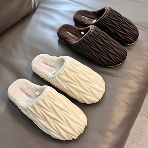 高级感褶皱棉拖鞋女秋冬季室内加绒保暖居家用地板防水皮拖冬天男