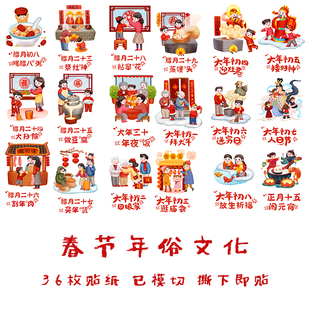春节年俗文化手帐贴纸中国传统节日新年腊月习俗仪式手抄报贴画