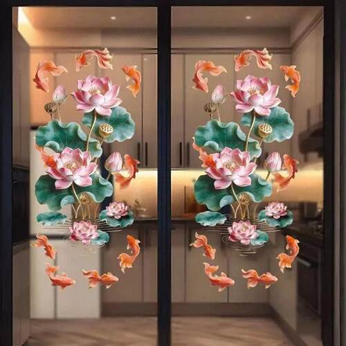 白玉锦鲤荷花玻璃贴厨房卫生间净秽静电贴厕所门贴画