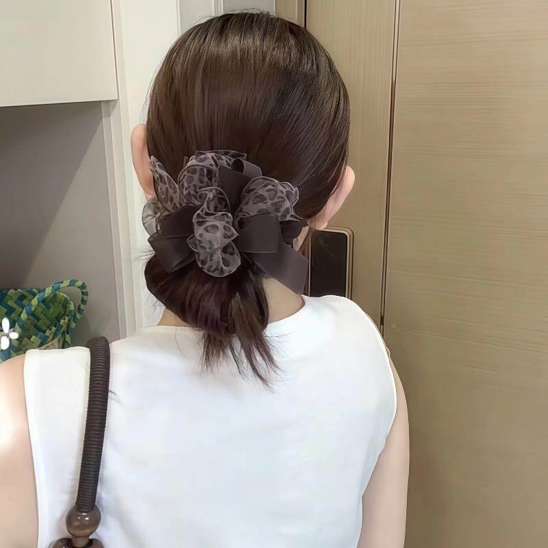 蓝色豹纹网蝴蝶结大肠发圈DWZ女后脑头丸子纱头扎发皮筋花发饰勺