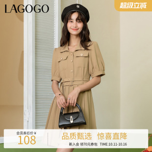 连衣裙女高腰百褶裙 文艺复古气质翻领短袖 Lagogo拉谷谷夏季 新款