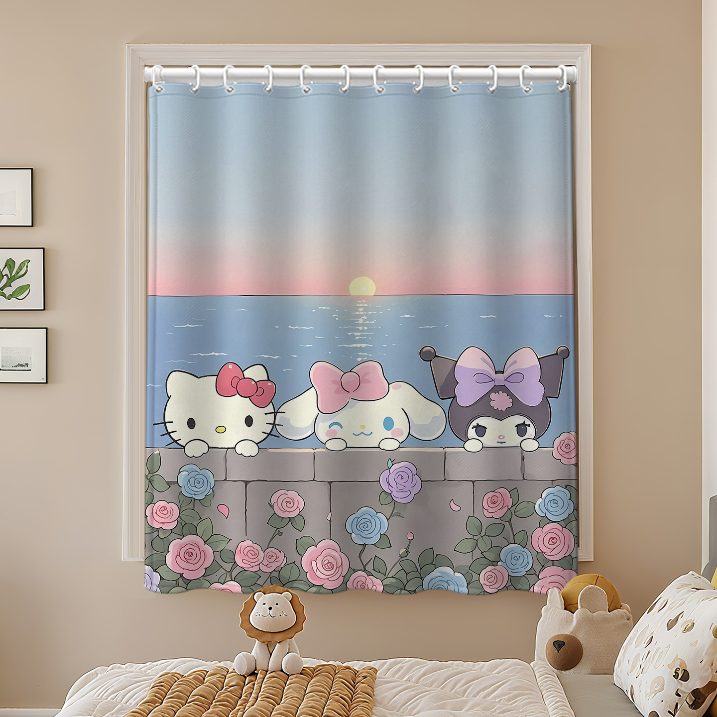 免打孔安装窗帘隔断遮阳儿童房遮光卡通卧室客厅定制HelloKitty猫