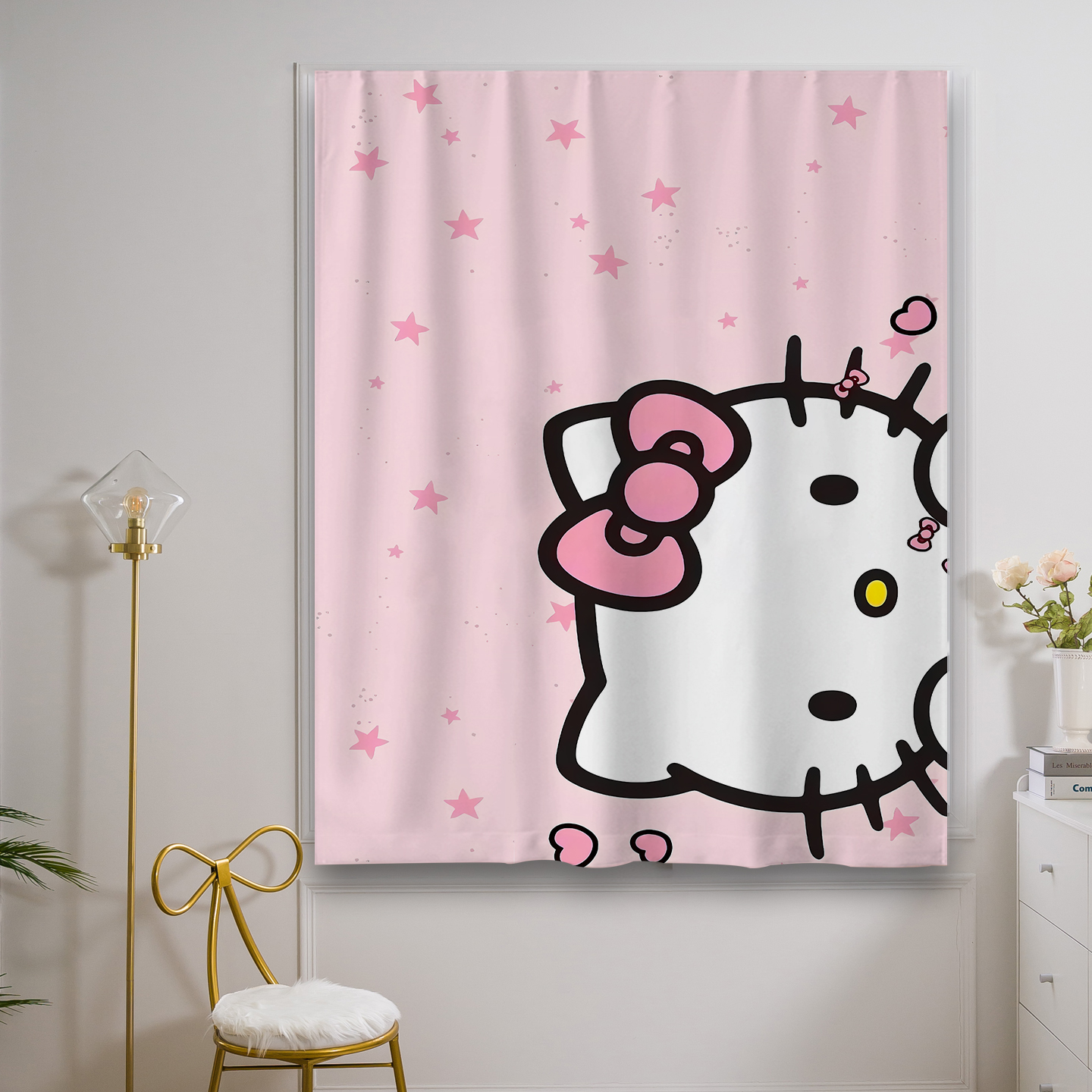 窗帘遮光粘贴式魔术贴款免打孔安装阳台遮阳卧室厨房HelloKitty猫
