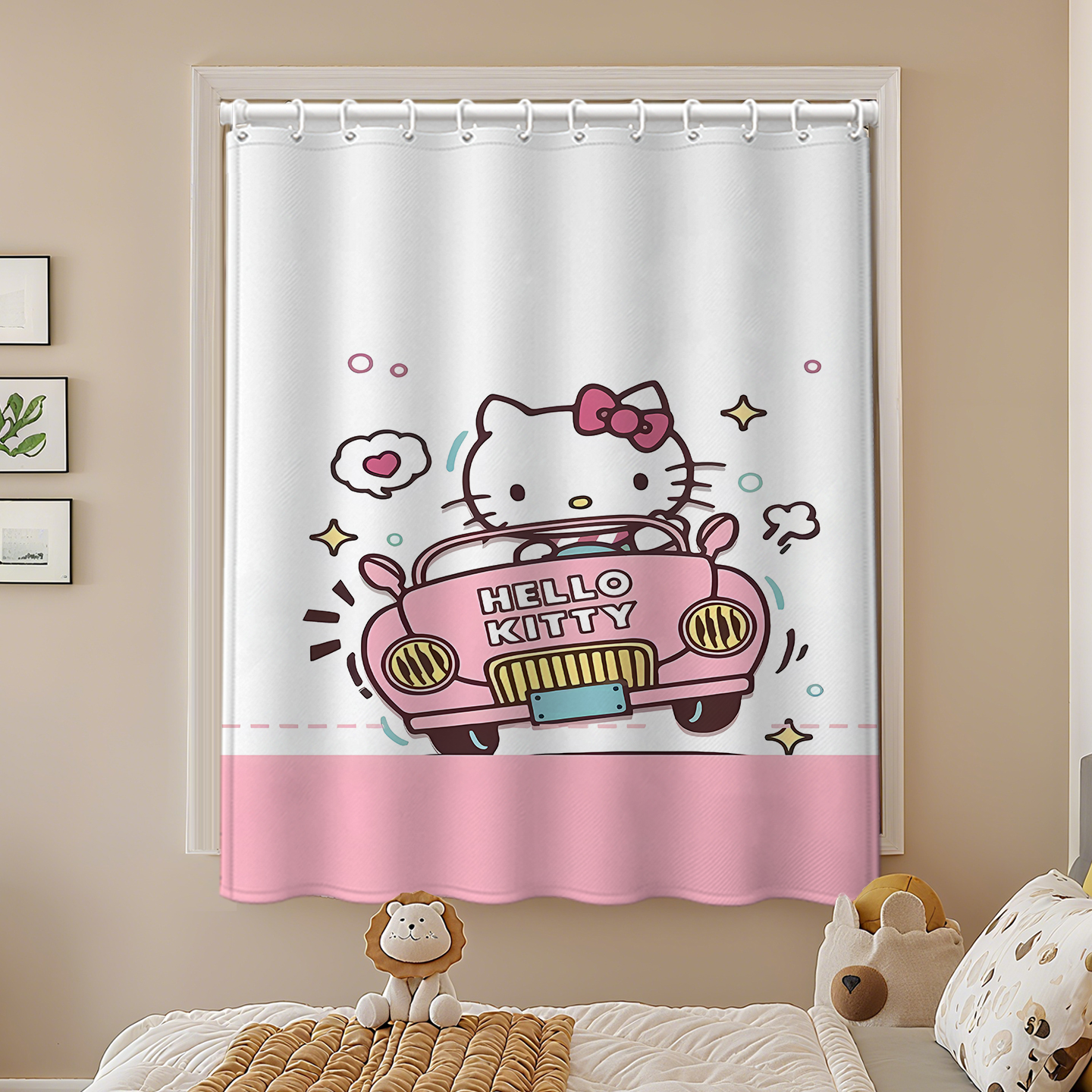 免打孔安装窗帘卧室全遮光布女孩房间儿童房防晒隔热HelloKitty猫